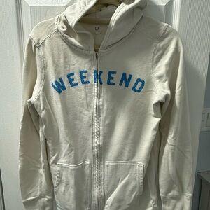 Small light weight White Hoodie with Blue 'WEEKEND' Text